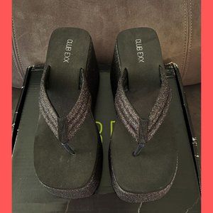 Dolls Kill Club Exx Black Glitter Platform Heel Flip Flops Size 11